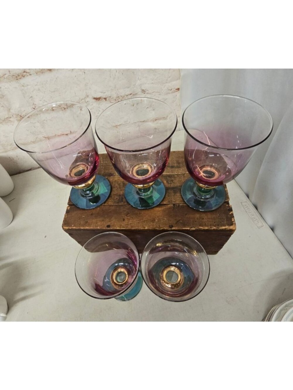 6 Krosno Poland Purple & Green Stemmed Glasses Gold Accents - Picture 3 of 5